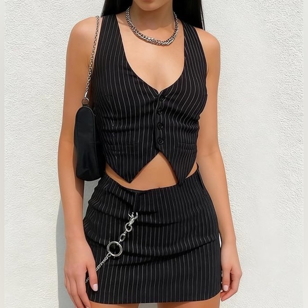 Amazon Black Pinstripe Mini Skirt and Top- Tailored High-Rise Design